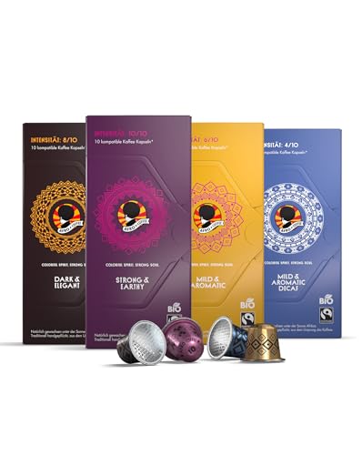 AFRO COFFEE 40 Kaffeekapsel Probierset 4 Sorten mit Decaf I Premium Kaffee Kapseln Bio Fairtrade I Arabica & Robusta Kaffee in kompatiblen Kaffeekapseln* I Ostafrika Kaffee I säurearm, entkoffeniert von Afro Coffee