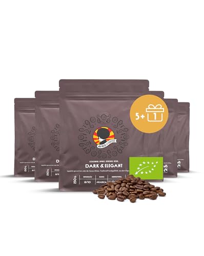 AFRO COFFEE Dark & Elegant I 5+1 Angebot 250g Premium Bio Kaffeebohnen Fairtrade I 100% Arabica Bohnen I Kaffee aus Äthiopien mit Noten von Bitterschokolade I handgepflückt, dunkel geröstet, säurearm von Afro Coffee