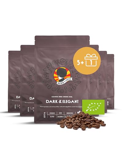 AFRO COFFEE Dark & Elegant I 5+1 Angebot 500g Premium Bio Kaffeebohnen Fairtrade I 100% Arabica Bohnen I Kaffee aus Äthiopien mit Noten von Bitterschokolade I handgepflückt, dunkel geröstet, säurearm von Afro Coffee