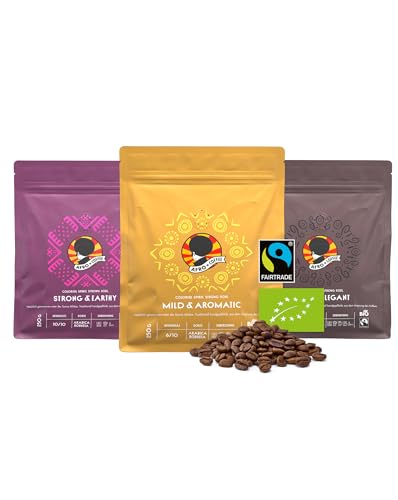 AFRO COFFEE Kaffeebohnen Probierset 3 Sorten I 3x 250g Premium Kaffee Bohnen Fairtrade I Arabica & Robusta Kaffee ganze Bohnen I Ostafrika Bohnenkaffee I Kaffee Bohnen handgepflückt & säurearm von Afro Coffee