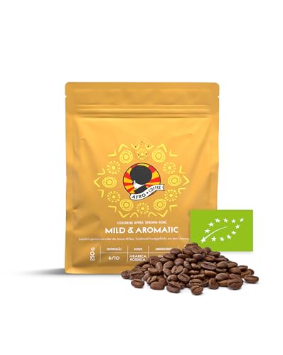 AFRO COFFEE Mild & Aromatic I 250g Premium Bio Kaffeebohnen Fairtrade I Arabica & Robusta Kaffee ganze Bohnen I Bohnenkaffee aus Ostafrika mit blumiger Note I handgepflückt, mittel geröstet, säurearm von Afro Coffee