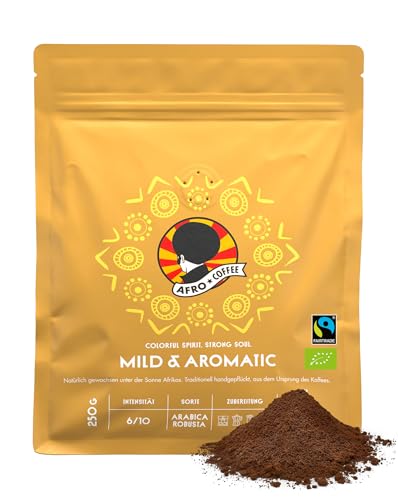AFRO COFFEE Mild & Aromatic I 250g Premium Bio Kaffeepulver Fairtrade I Arabica & Robusta Kaffee Pulver I Kaffee gemahlen aus Ostafrika mit blumiger Note I handgepflückt, mittel geröstet, säurearm von Afro Coffee