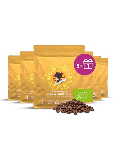 AFRO COFFEE Mild & Aromatic I 5+1 Angebot 250g Premium Bio Kaffeebohnen Fairtrade I Arabica & Robusta ganze Bohnen I Bohnenkaffee aus Ostafrika I blumige Note, handgepflückt, mittel geröstet, säurearm von Afro Coffee