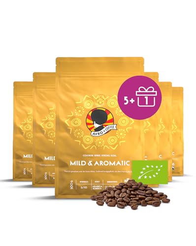 AFRO COFFEE Mild & Aromatic I 5+1 Angebot 500g Premium Bio Kaffeebohnen Fairtrade I Arabica & Robusta ganze Bohnen I Bohnenkaffee aus Ostafrika I blumige Note, handgepflückt, mittel geröstet, säurearm von Afro Coffee