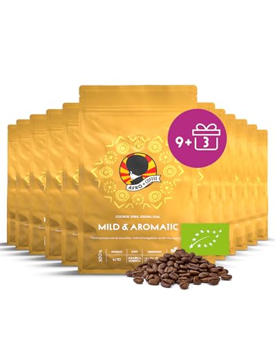 AFRO COFFEE Mild & Aromatic I 9+3 Angebot 500g Premium Bio Kaffeebohnen Fairtrade I Arabica & Robusta ganze Bohnen I Bohnenkaffee aus Ostafrika I blumige Note, handgepflückt, mittel geröstet, säurearm von Afro Coffee