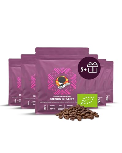 AFRO COFFEE Strong & Earthy I 5+1 Angebot 250g Premium Bio Kaffeebohnen Fairtrade I Arabica & Robusta Bohnen I Bohnenkaffee aus Ostafrika mit nussiger Note I handgepflückt, dunkel geröstet, säurearm von Afro Coffee