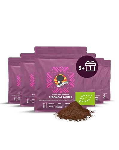 AFRO COFFEE Strong & Earthy I 5+1 Angebot 250g Premium Bio Kaffeepulver Fairtrade I Arabica & Robusta I Kaffee gemahlen aus Ostafrika mit nussiger Note I handgepflückt, dunkel geröstet, säurearm von Afro Coffee