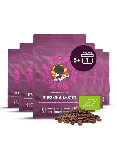AFRO COFFEE Strong & Earthy I 5+1 Angebot 500g Premium Bio Kaffeebohnen Fairtrade I Arabica & Robusta Bohnen I Bohnenkaffee aus Ostafrika mit nussiger Note I handgepflückt, dunkel geröstet, säurearm von Afro Coffee