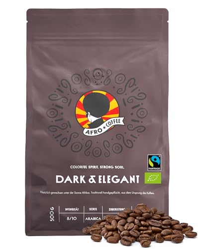 AFRO COFFEE Dark & Elegant I 500g Premium Bio Kaffeebohnen Fairtrade I 100% Arabica Kaffee Bohnen I Bohnenkaffee aus Äthiopien mit Noten von Bitterschokolade I handgepflückt, dunkel geröstet, säurearm von Afro Coffee