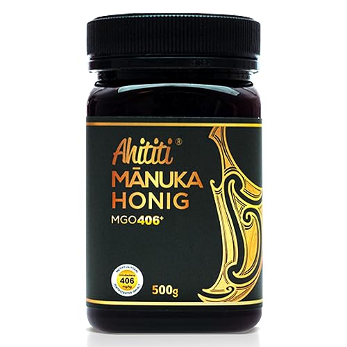 Manuka Honig AHITITI aus Neuseeland zertifiziert, laborgeprüft und verifizierte Herkunft direkt vom Erzeuger, gefüllt in undurchsichtige, recycelte PET Behälter (500G, MGO 406+) von Ahititi