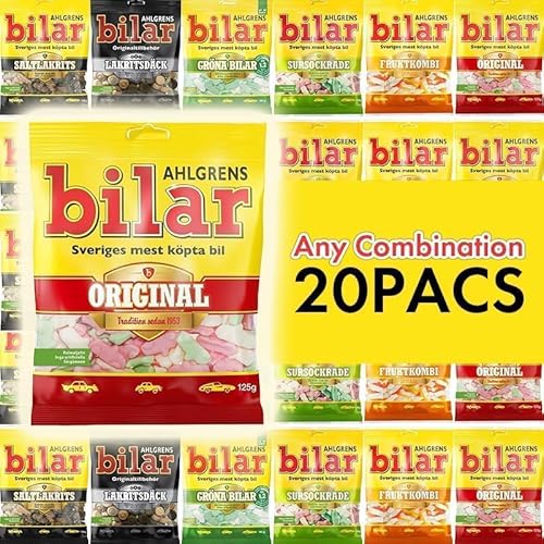 Ahlgrens Bilar Mix Set 20 Packungen - Beliebige Packungen aus vielen Geschmacksrichtungen Schwedisch - Schwedische Bonbons aus Schweden - Kaubonbons - Marshmallow Bonbons - Autos - Gummibonbons - Süßigkeiten von Ahlgrens