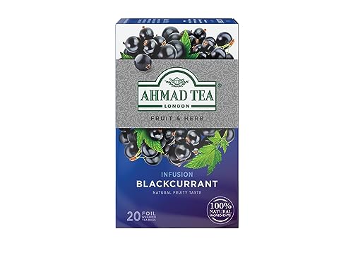 Ahmad Tea - Blackcurrant - Früchte- und Kräutertee ohne Koffein - Schwarze Johannisbeere - Einzeln Verpackte, Aromaversiegelte Teebeutel mit 2g Tee pro Portion - 20 Teebeutel mit Band von Ahmad Tea