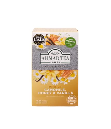 Ahmad Tea - Camomile, Honey & Vanilla - Früchte- und Kräutertee ohne Koffein - Kamille, Honig und Vanille - Einzeln Verpackte, Aromaversiegelte Teebeutel mit 2g Tee pro Portion - 20 Teebeutel mit Band von Ahmad Tea