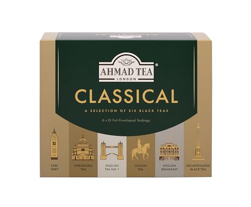 Ahmad Tea - Classical Selection - Schwarztee Sortiment - Ceylon, English Breakfast, Darjeeling, Earl Grey, English Tea No 1, Evening ohne Koffein - Einzeln verpackt und aromaversiegelt - 60 Teebeutel Ahmad Tea - Classical Selection - Schwarztee Sortiment - Ceylon, English Breakfast, Darjeeling, Earl Grey, English Tea No 1, Evening ohne Koffein - Einzeln verpackt und aromaversiegelt - 60 Teebeutel von Ahmad Tea
