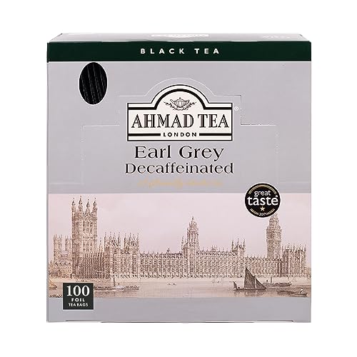 Ahmad Tea - Earl Grey Decaffeinated | Entkoffeinierter Schwarztee mit Bergamottenaroma | 100 Teebeutel à 2 g mit Band und aromaversiegelt in Folie verpackt von Ahmad Tea