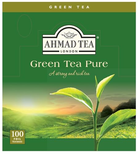 Ahmad Tea - Green Tea Pure | Grüner Tee | 100 Teebeutel á 2 g mit Band und aromaversiegelt in Folie verpackt von Ahmad Tea