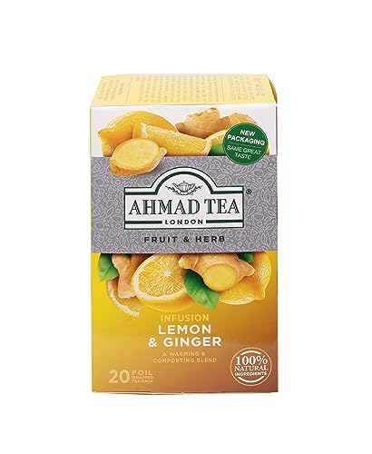 Ahmad Tea - Lemon & Ginger - Früchte- und Kräutertee ohne Koffein - Zitrone und Ingwer - Einzeln Verpackte, Aromaversiegelte Teebeutel mit 2g Tee pro Portion - 20 Teebeutel mit Band von Ahmad Tea