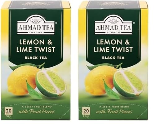 Ahmad Tea - Lemon & Lime Twist - Schwarztee mit Zitrone und Limette - Mit Fruchtstücken - Einzeln Verpackte, Aromaversiegelte Teebeutel mit 2g Tee pro Portion - 20 Teebeutel mit Band (Packung mit 2) von Ahmad Tea