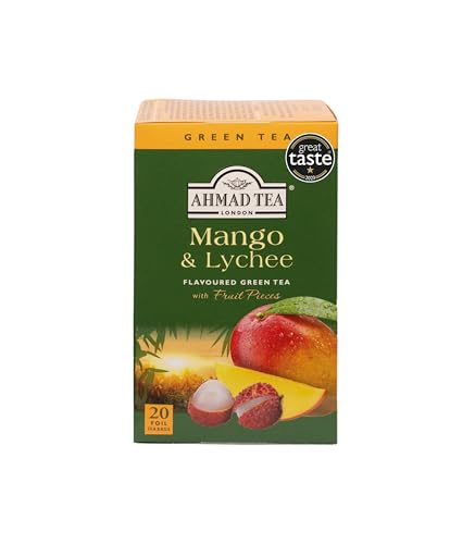 Ahmad Tea - Mango & Lychee - Grüner Tee mit Mango und Litschi - Mit Fruchtstücken - Einzeln Verpackte, Aromaversiegelte Teebeutel mit 2g Tee pro Portion - 20 Teebeutel mit Band von Ahmad Tea