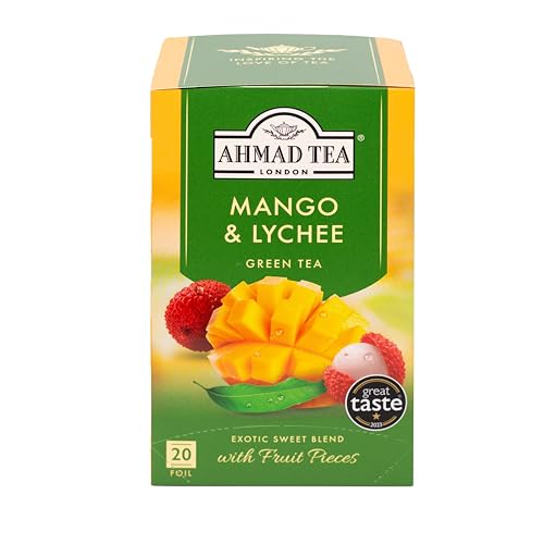 Ahmad Tea - Mango & Lychee - Grüner Tee mit Mango und Litschi - Mit Fruchtstücken - Einzeln Verpackte, Aromaversiegelte Teebeutel mit 2g Tee pro Portion - 20 Teebeutel mit Band von Ahmad Tea