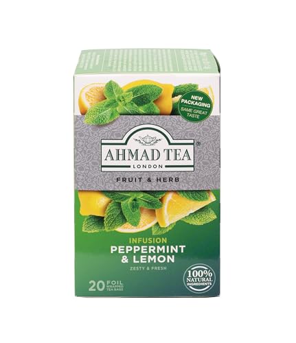 Ahmad Tea - Peppermint & Lemon - Früchte- und Kräutertee ohne Koffein - Pfefferminze und Zitrone - Einzeln Verpackte, Aromaversiegelte Teebeutel mit 2g Tee pro Portion - 20 Teebeutel mit Band von Ahmad Tea