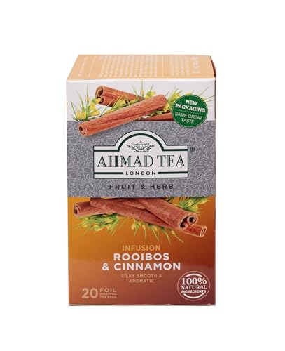 Ahmad Tea - Rooibos & Cinnamon - Früchte- und Kräutertee ohne Koffein - Rooibos und Zimt - Einzeln Verpackte, Aromaversiegelte Teebeutel mit 2g Tee pro Portion - 20 Teebeutel mit Band von Ahmad Tea