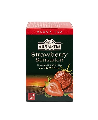 Ahmad Tea - Strawberry Sensation - Schwarztee mit Erdbeere - Mit Fruchtstücken - Einzeln Verpackte, Aromaversiegelte Teebeutel mit 2g Tee pro Portion - 20 Teebeutel mit Band von Ahmad Tea