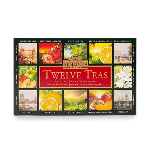 Ahmad Tea - Twelve Teas - Sortiment aus 12 Sorten Schwarztee und Grüntee mit verschiedenen Geschmackssorten - 60 Einzeln Verpackte, Aromaversiegelte Teebeutel mit Band, 120g Tee von Ahmad Tea
