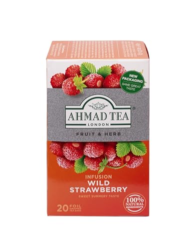 Ahmad Tea - Wild Strawberry - Früchte- und Kräutertee ohne Koffein - Erdbeer - Einzeln Verpackte, Aromaversiegelte Teebeutel mit 2g Tee pro Portion - 20 Teebeutel mit Band von Ahmad Tea