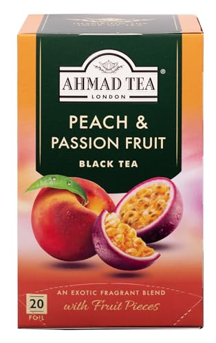 Ahmad Tea - Peach & Passionfruit - Schwarztee mit Pfirsich und Passionsfrucht - Mit Fruchtstücken - Einzeln Verpackte, Aromaversiegelte Teebeutel mit 2g Tee pro Portion - 20 Teebeutel mit Band von Ahmad Tea