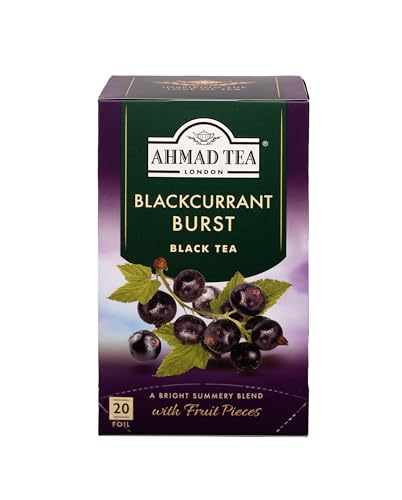 Ahmad Tea - Blackcurrant Burst - Schwarztee mit Schwarzer Johannisbeere - Mit Fruchtstücken - Einzeln Verpackte, Aromaversiegelte Teebeutel mit 2g Tee pro Portion - 20 Teebeutel mit Band von Ahmad Tea