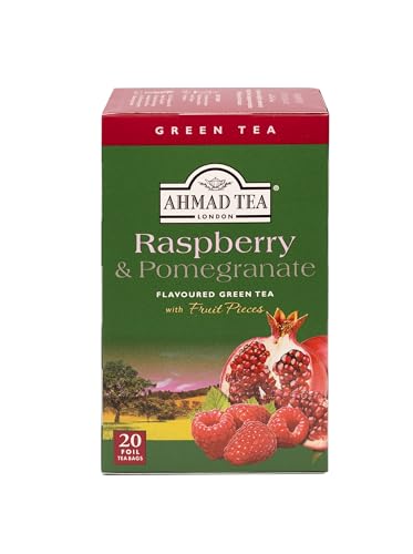 Ahmad Tea - Raspberry&Pomegranate - Grüner Tee mit Himbeer & Granatapfel - Mit Fruchtstücken – Einzeln Verpackte, Aromaversiegelte Teebeutel mit 2g Tee pro Portion - 20 Teebeutel mit Band von Ahmad Tea