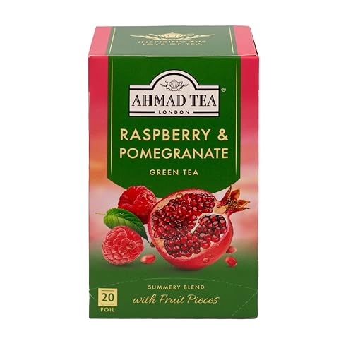 Ahmad Tea - Raspberry&Pomegranate - Grüner Tee mit Himbeer & Granatapfel - Mit Fruchtstücken – Einzeln Verpackte, Aromaversiegelte Teebeutel mit 2g Tee pro Portion - 20 Teebeutel mit Band von Ahmad Tea