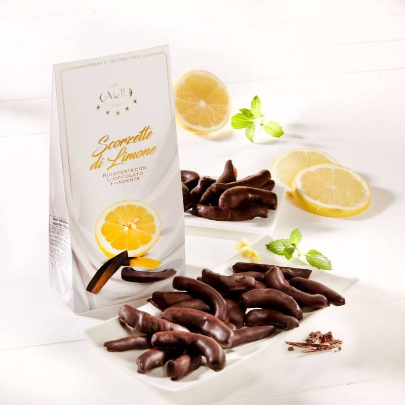 Kandierte Zitronenschalen in Zartbitterschokolade Bio von Aiello