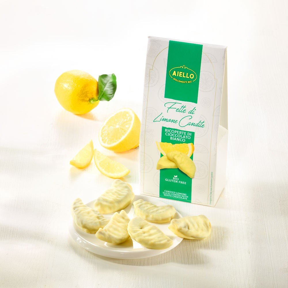 Kandierte Zitronenscheiben in weißer Schokolade Bio von Aiello