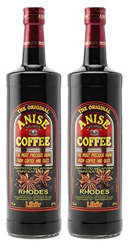 Kaffee Ouzo Likör 2x 1,0l 21% | Das Original von Rhodos | Anis Coffee Aigaion | + 20ml Jassas Olivenöl von Jassas Griechische Feinkost