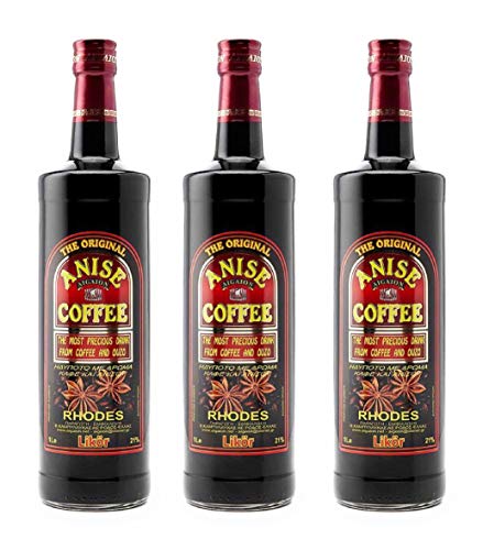 Kaffee Ouzo Likör 3x 1,0l 21% | Das Original von Rhodos | Coffee Anise Aigaion | + 1 x 20ml Olivenöl"ElaioGi" aus Griechenland von Jassas Griechische Feinkost