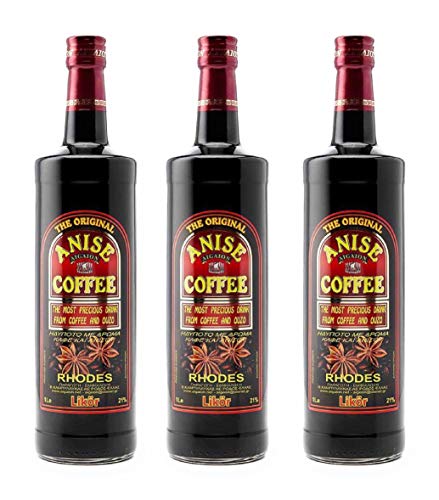 Kaffee Ouzo Likör 3x 1,0l 21% | Das Original von Rhodos | Coffee Anise Aigaion | + 20ml Jassas Olivenöl von Jassas Griechische Feinkost