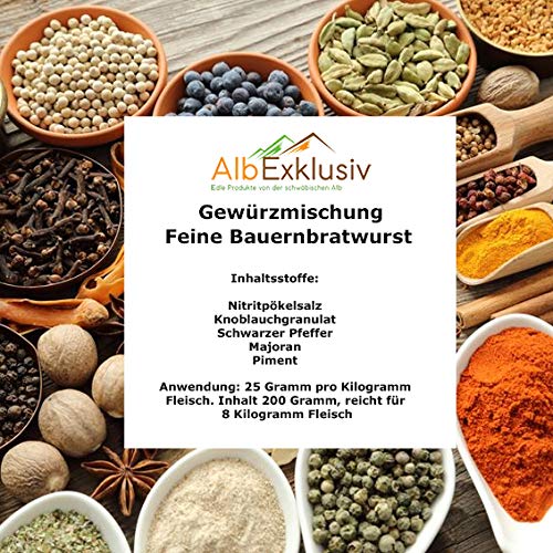 Gewürzmischung Feine Bauern-Bratwurst, mit Nitritpökelsalz. Kein Glutamat oder Geschmacksverstärker von Albexklusiv