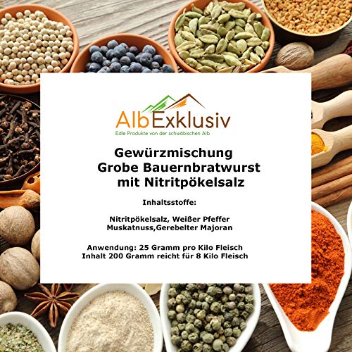 Gewürzmischung grobe Bauernbratwurst mit Nitritpökelsalz. Ausreichend für 8 Kilo Fleisch von Albexklusiv