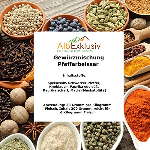 Gewürzmischung für Pfefferbeisser mit Speisesalz. Pökelsalz Variante ist auch erhältlich von Albexklusiv