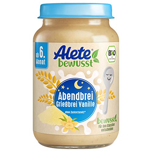 Alete Bio Gläschen Abendbrei Grießbrei Vanille, Babynahrung in Bio-Qualität, ohne Palmöl & Zuckerzusatz, ab dem 6. Monat, 6er Pack (6 x 190 g), 70302 von Alete