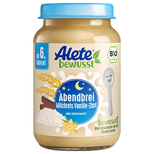 Alete Bio Gläschen Abendbrei Milchreis Vanille-Zimt, Babynahrung in Bio-Qualität, ohne Palmöl & Zuckerzusatz, ab dem 6. Monat, 6er Pack (6 x 190 g) von Alete