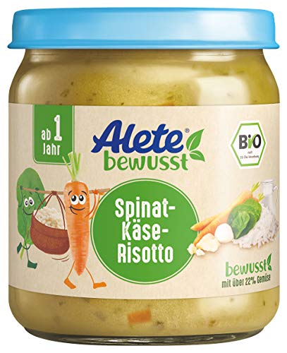 Alete bewusst BIO-Spinat-Käse-Risotto, ab 1 Jahr, Babynahrung im Gläschen mit Reis, Karotten & Käse, Kindermahlzeit in Bio-Qualität, ohne Zuckerzusatz und Aromastoffe, 6 x 250 g von Alete