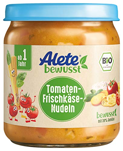Alete Bio Gläschen Tomaten-Frischkäse-Nudeln, Babynahrung in Bio-Qualität, ohne Zusatz von Aromastoffen & Zucker, Menü ab 1 Jahr, 6er Pack (6 x 250 g) von Alete