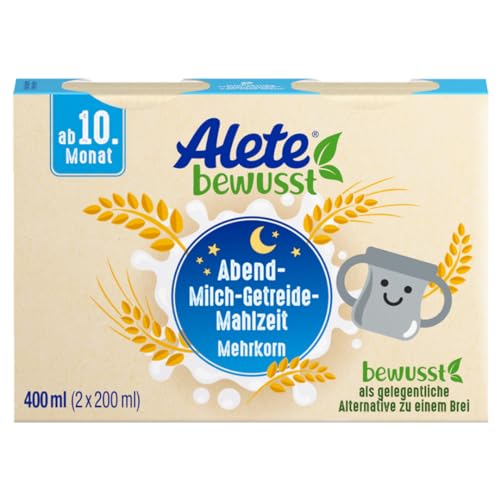 Alete bewusst Abend-Milch-Getreide-Mahlzeit Mehrkorn, ab dem 10. Monat, trinkfertige Babynahrung mit Vollkornhafer, Ersatz zu Babybrei, warm oder kalt trinken, 400 ml (2 x 200 ml) von Alete
