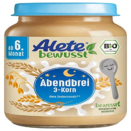 Alete bewusst BIO-Abendbrei 3-Korn, ab dem 6. Monat, Babybrei mit Vollkorngetreide zum Löffeln, Bio Babynahrung aus dem Glas, 1 x 190 g von Alete