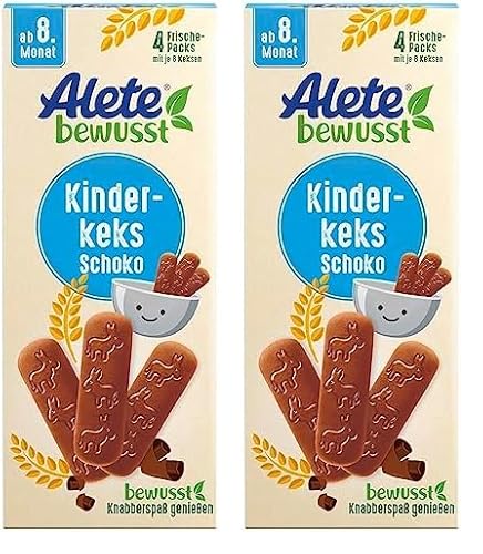 Alete bewusst Kinderkeks Schoko, ab dem 8. Monat, Butterkeks aus Weizen für Kinder, handlich verpackte Kekse als kleiner Snack, perfekt für unterwegs & zwischendurch, 1 x 180 g (Packung mit 2) von Alete