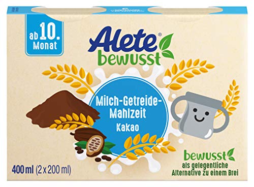 Alete bewusst Milch-Getreide-Mahlzeit Kakao, ab dem 10. Monat, trinkfertige Babynahrung mit Kakaopulver, praktischer Ersatz zu Babybrei, warm oder kalt trinken, 400 ml (2 x 200 ml) von Alete