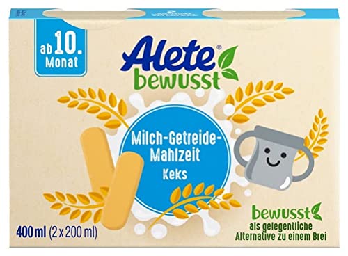 Alete bewusst Milch-Getreide-Mahlzeit Keks, ab dem 10. Monat, trinkfertige Babynahrung mit Keksmehl, praktischer Ersatz zu Babybrei, warm oder kalt trinken, 400 ml (2 x 200 ml) von Alete